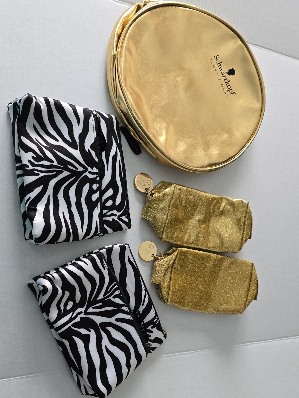 5 Pcs Cosmetic Bag Lot • Gold & Zebra Travel Pouch Set